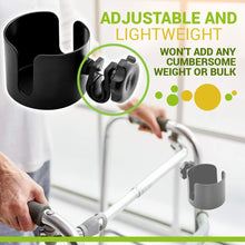 Load image into Gallery viewer, BodyHealt Adjustable Cup Holder - Black - for Any Kind of Strollers, Walkers, Wheelchairs, Rollator &amp; Knee Scooters Universal Drinking Cup Holder, Bottle Holder, No Screws Required