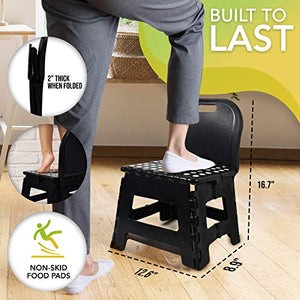 BodyHealt Folding Step Stool-Back Support- Small Collapsible Step Riser for Adults, Kids and Seniors - Portable Non-Slip Chair with Handle- 4” Stepping Stool for Kitchen, Toilet, Bathroom, Bed, Car,