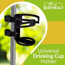 Load image into Gallery viewer, Universal Drinking Cup Holder No Screws Required Adjustable for Any Kind of Strollers, Walkers, Bicycles, Wheelchairs, Bed railings and Even on a Drumset | Drink Walker Cup Holder, Bottle Holder
