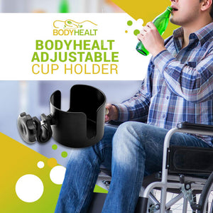 BodyHealt Adjustable Cup Holder - Black - for Any Kind of Strollers, Walkers, Wheelchairs, Rollator & Knee Scooters Universal Drinking Cup Holder, Bottle Holder, No Screws Required