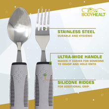 Load image into Gallery viewer, BodyHealt 4 Piece Adaptive Utensil Set - 1.5 in Ribbed Rubber Handles - Latex Free - Arthritis Aid Silverware Set for Parkinsons - Easy Grip for Shaking, Elderly &amp; Trembling Hands